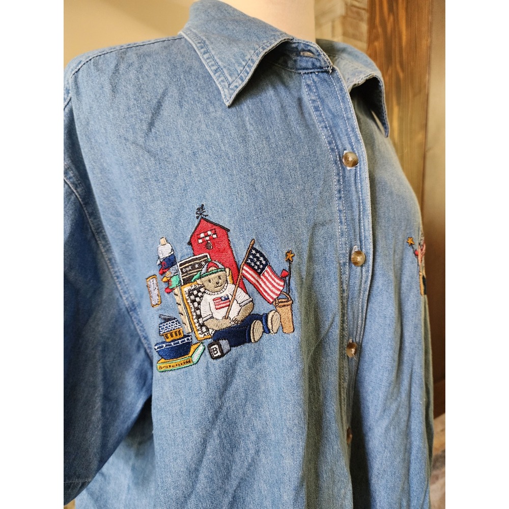 Vintage Quizz Woman Denim Shirt Blue Embroidered America Teddy Bear 90s